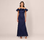 Ruffle Off The Shoulder Floral Lace Gown In Light Navy 2