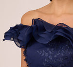 Ruffle Off The Shoulder Floral Lace Gown In Light Navy 3