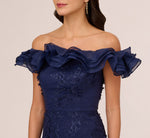 Ruffle Off The Shoulder Floral Lace Gown In Light Navy 4