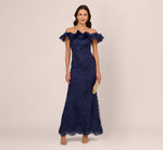 Ruffle Off The Shoulder Floral Lace Gown In Light Navy 1