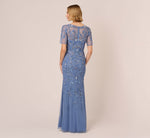3D Floral Beaded Mermaid Gown With Sheer Short Sleeves In French Blue 5