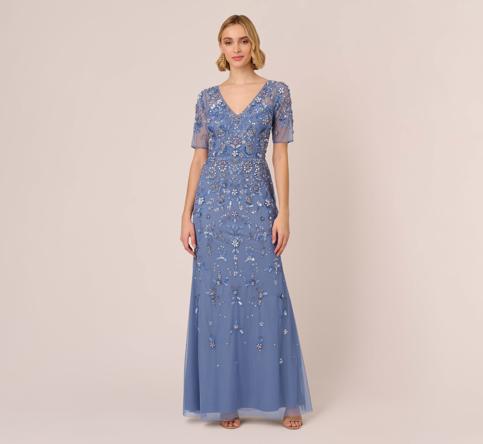 Adrianna Papell 3D Floral Beaded Mermaid Gown With Sheer Short Sleeves - French Blue Adrianna Papell 3D Floral Beaded Mermaid Gown With Sheer Short Sleeves - French Blue