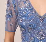 3D Floral Beaded Mermaid Gown With Sheer Short Sleeves In French Blue 3