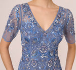 3D Floral Beaded Mermaid Gown With Sheer Short Sleeves In French Blue 4