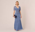 3D Floral Beaded Mermaid Gown With Sheer Short Sleeves In French Blue 1