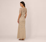 3D Floral Beaded Mermaid Gown With Sheer Short Sleeves In Biscotti 4