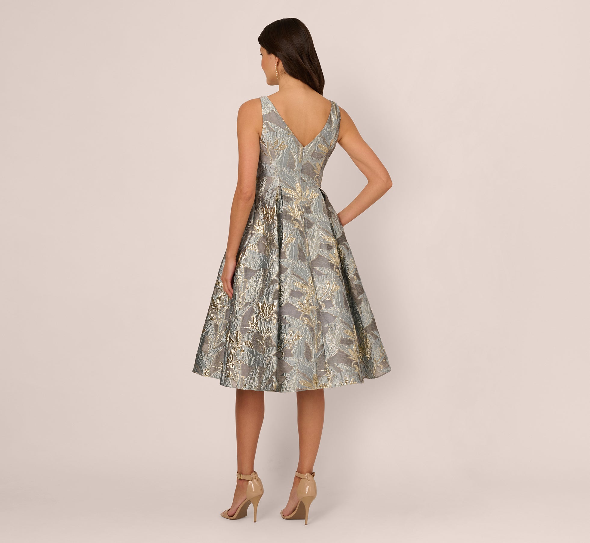 Black Tea Length Jacquard Dress With Sleeveless Bodic - Adrianna