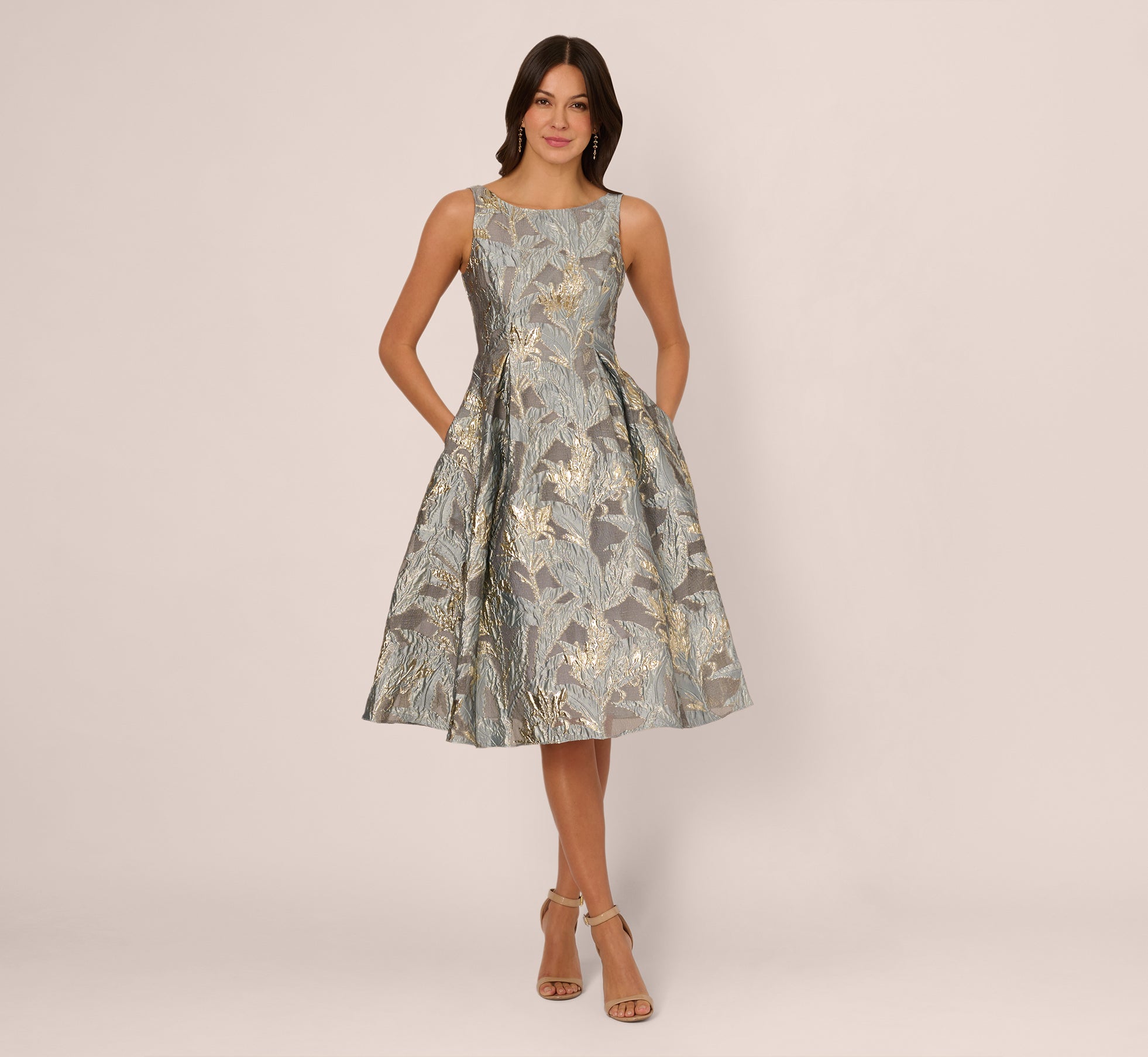 Adrianna Papell Jacquard Tea Length Dress Women's Dress Slate : 14