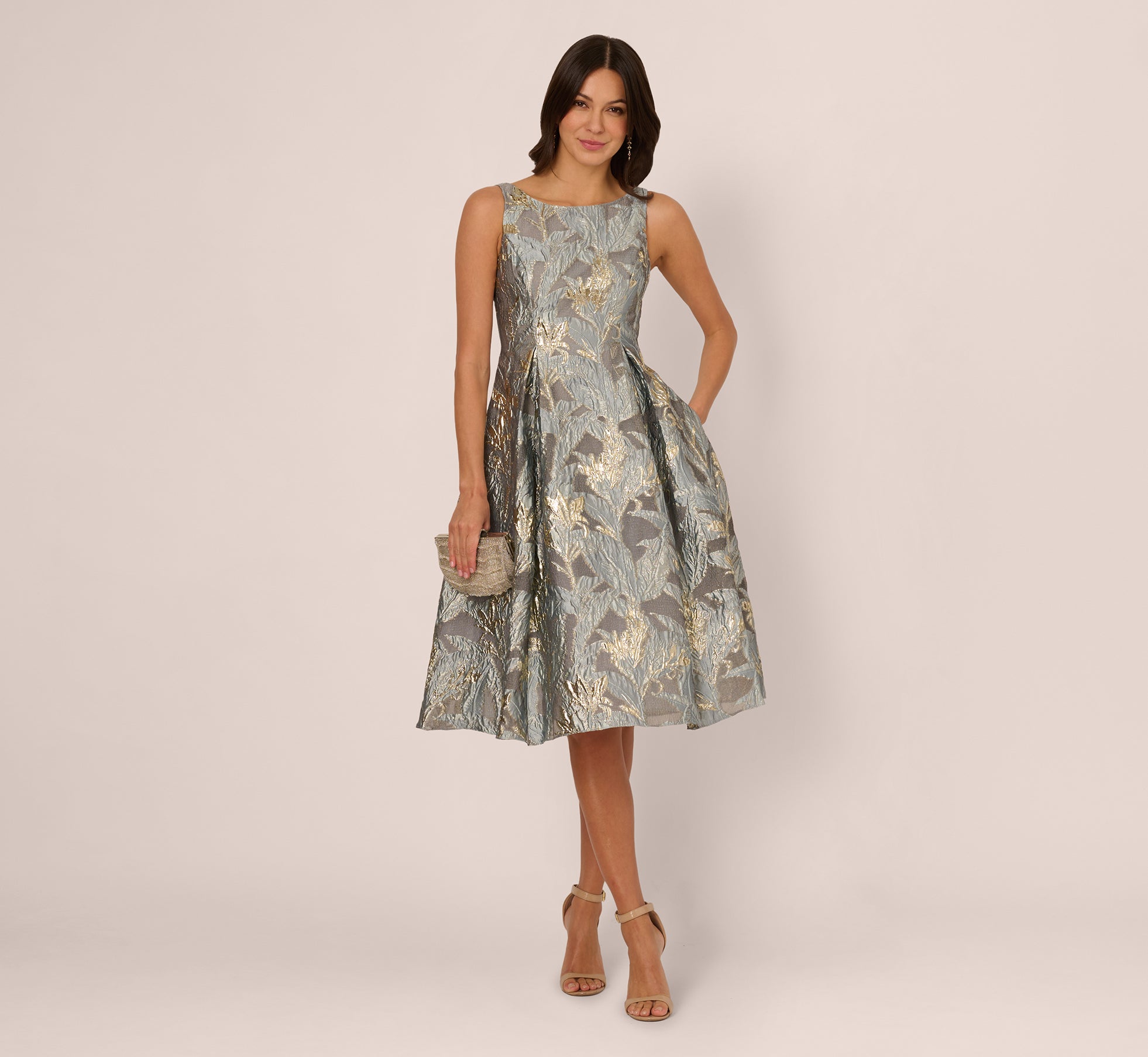 Tea Length Jacquard Dress With Sleeveless Bodic In Slate 1
