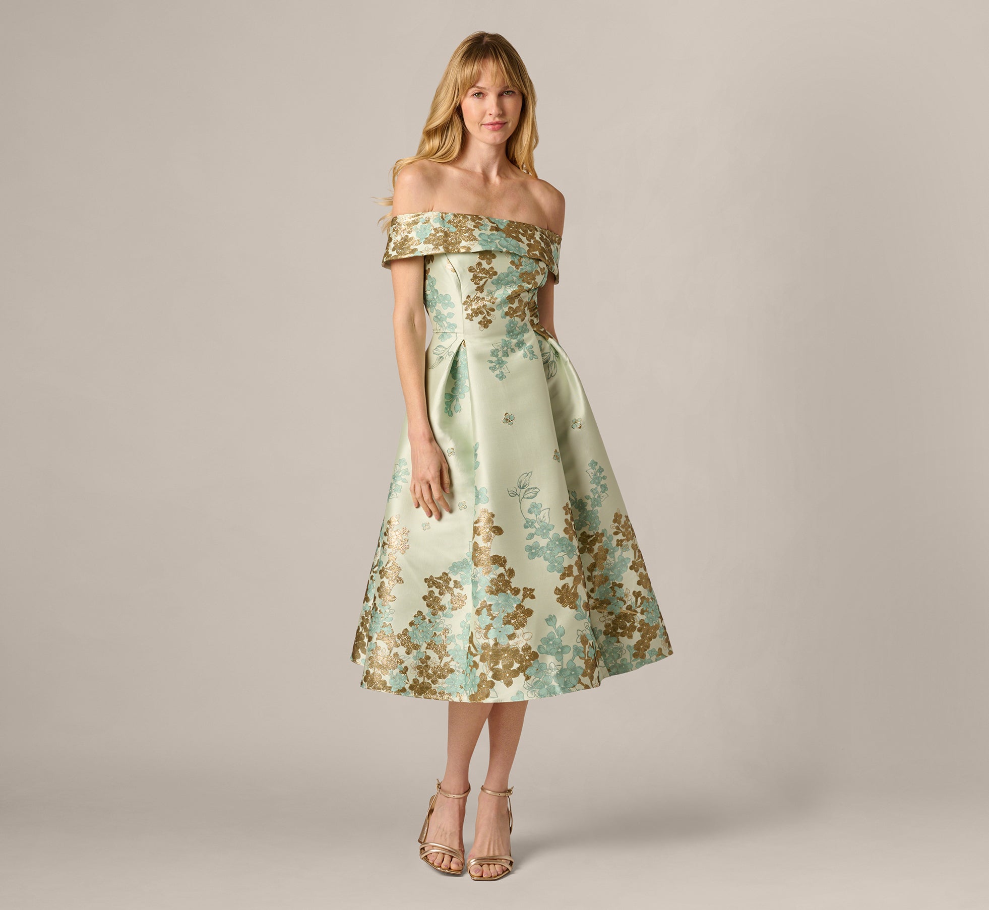 Adrianna Papell Off-the-shoulder Midi Dress - Sage/ Gold Adrianna Papell Off-the-shoulder Midi Dress - Sage/ Gold