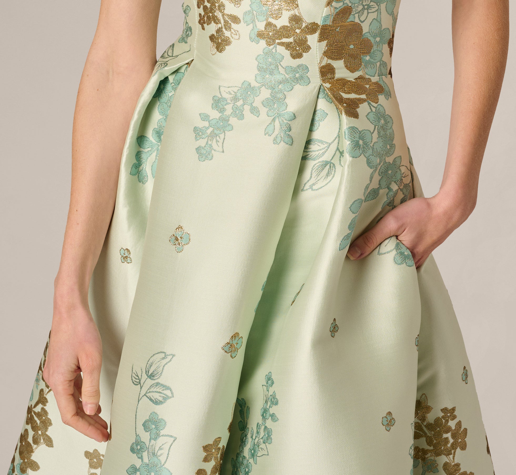 Light Green Floral Jacquard Ankle Length Dress With Off The Shoulder  Neckline - Adrianna Papell