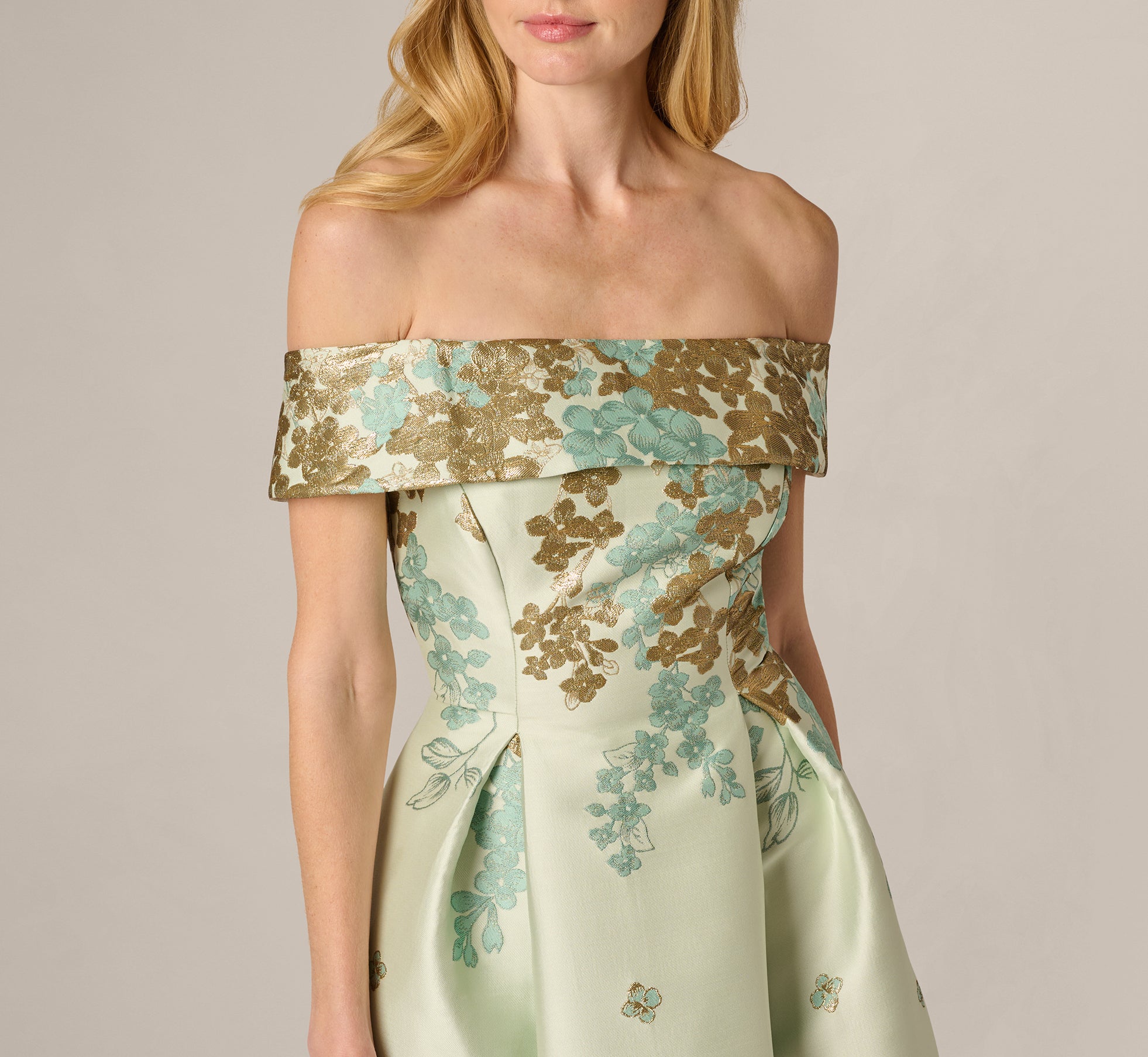 Light Green Floral Jacquard Ankle Length Dress With Off The Shoulder Neckline