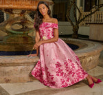 Floral Jacquard Ankle Length Dress With Off The Shoulder Neckline In Pink Multi 1