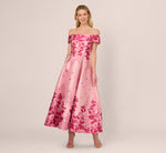 Floral Jacquard Ankle Length Dress With Off The Shoulder Neckline In Pink Multi 3