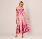 Floral Jacquard Ankle Length Dress With Off The Shoulder Neckline In Pink Multi 2