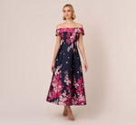 Petite Floral Jacquard Ankle Length Dress With Off The Shoulder Neckline In Navy Pink Multi 2