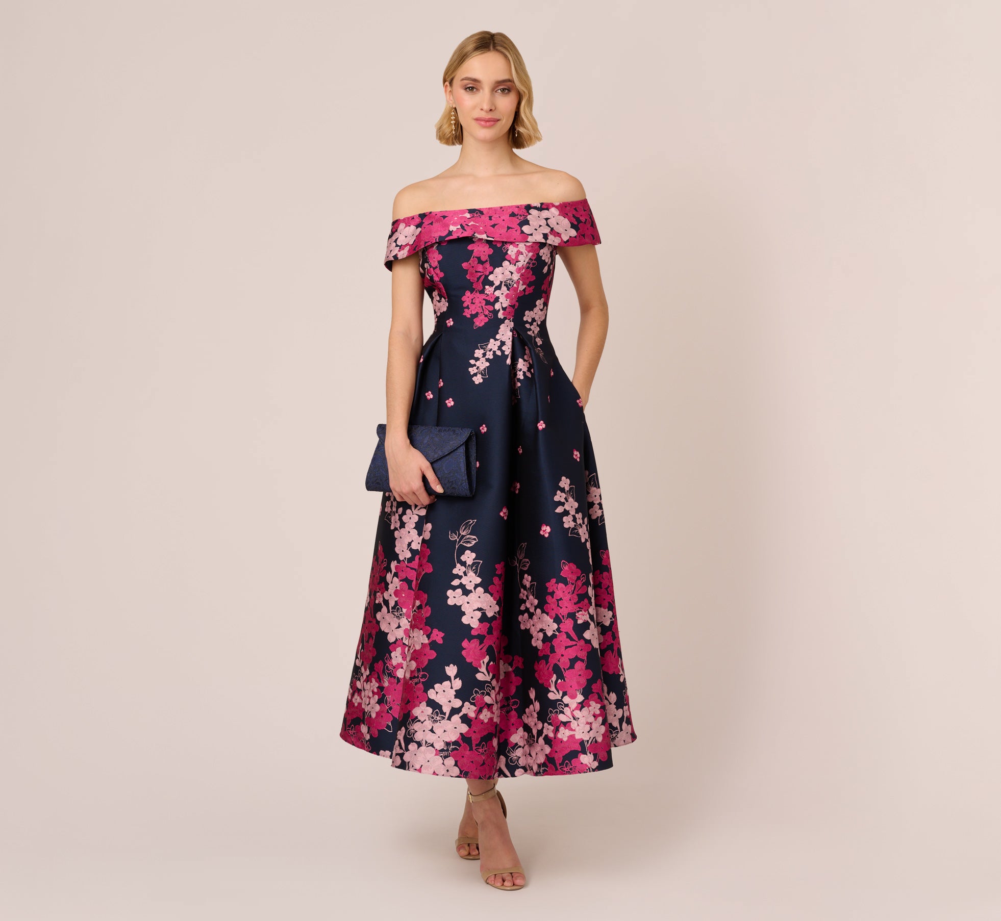 Petite Floral Jacquard Ankle Length Dress With Off The Shoulder Neckline In Navy Pink Multi 1