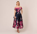 Petite Floral Jacquard Ankle Length Dress With Off The Shoulder Neckline In Navy Pink Multi 1