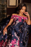 Floral Jacquard Ankle Length Dress With Off The Shoulder Neckline In Navy Pink Multi 7