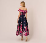 Floral Jacquard Ankle Length Dress With Off The Shoulder Neckline In Navy Pink Multi 5