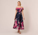 Floral Jacquard Ankle Length Dress With Off The Shoulder Neckline In Navy Pink Multi 2
