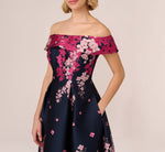 Floral Jacquard Ankle Length Dress With Off The Shoulder Neckline In Navy Pink Multi 3