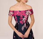 Floral Jacquard Ankle Length Dress With Off The Shoulder Neckline In Navy Pink Multi 4