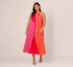 Plus Size Color Block Chiffon Trapeze Dress With Chain Halter Neckline In Red Multi 2
