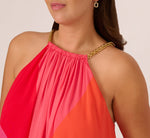 Plus Size Color Block Chiffon Trapeze Dress With Chain Halter Neckline In Red Multi 3