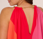 Plus Size Color Block Chiffon Trapeze Dress With Chain Halter Neckline In Red Multi 4