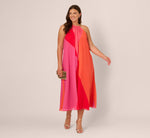 Plus Size Color Block Chiffon Trapeze Dress With Chain Halter Neckline In Red Multi 1