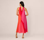 Color Block Chiffon Trapeze Dress With Chain Halter Neckline In Red Multi 6
