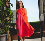 Color Block Chiffon Trapeze Dress With Chain Halter Neckline In Red Multi 1