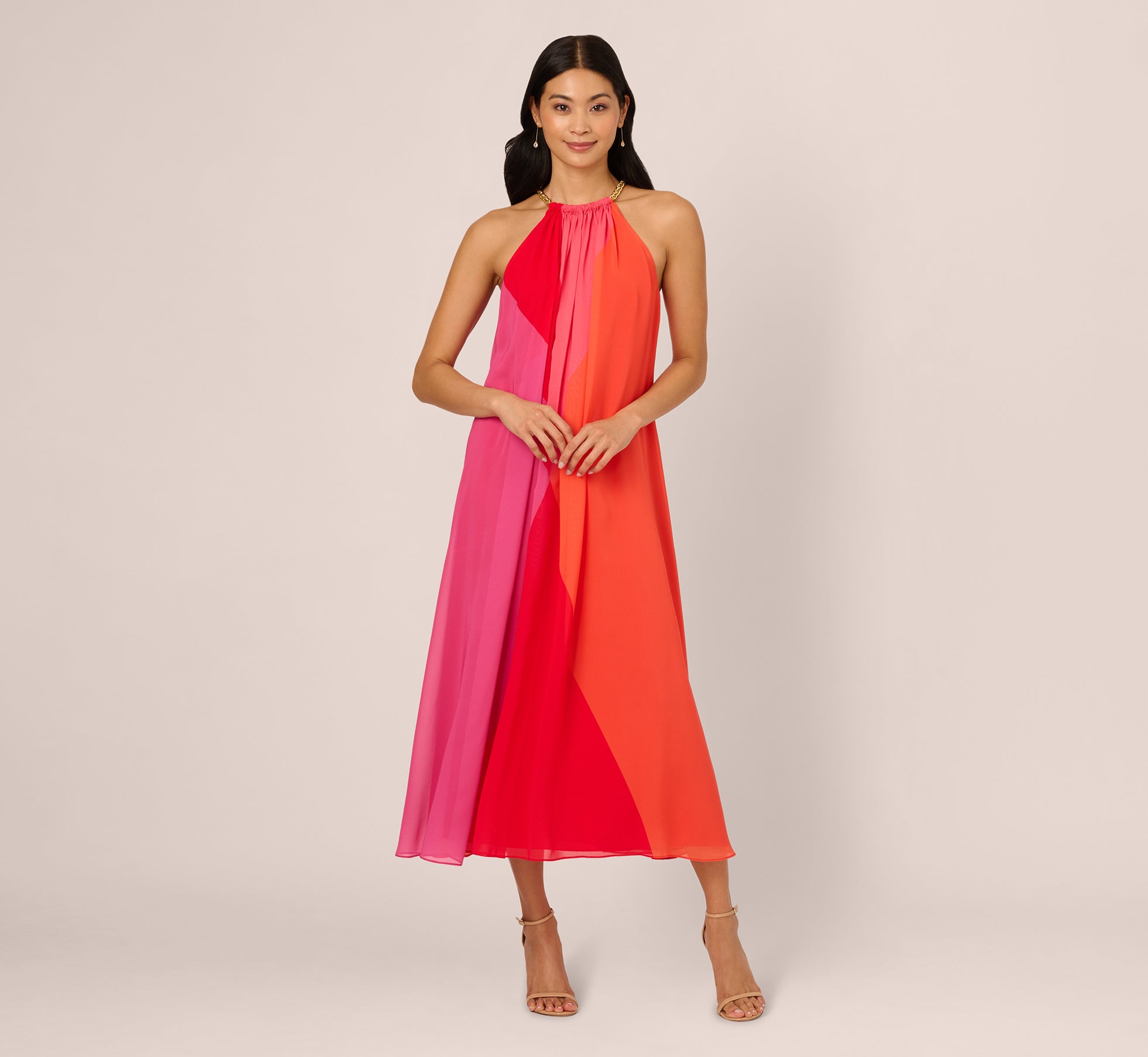 RED Color Block Chiffon Trapeze Dress With Chain Halter Neckline - Adrianna Papell RED Color Block Chiffon Trapeze Dress With Chain Halter Neckline - Adrianna Papell