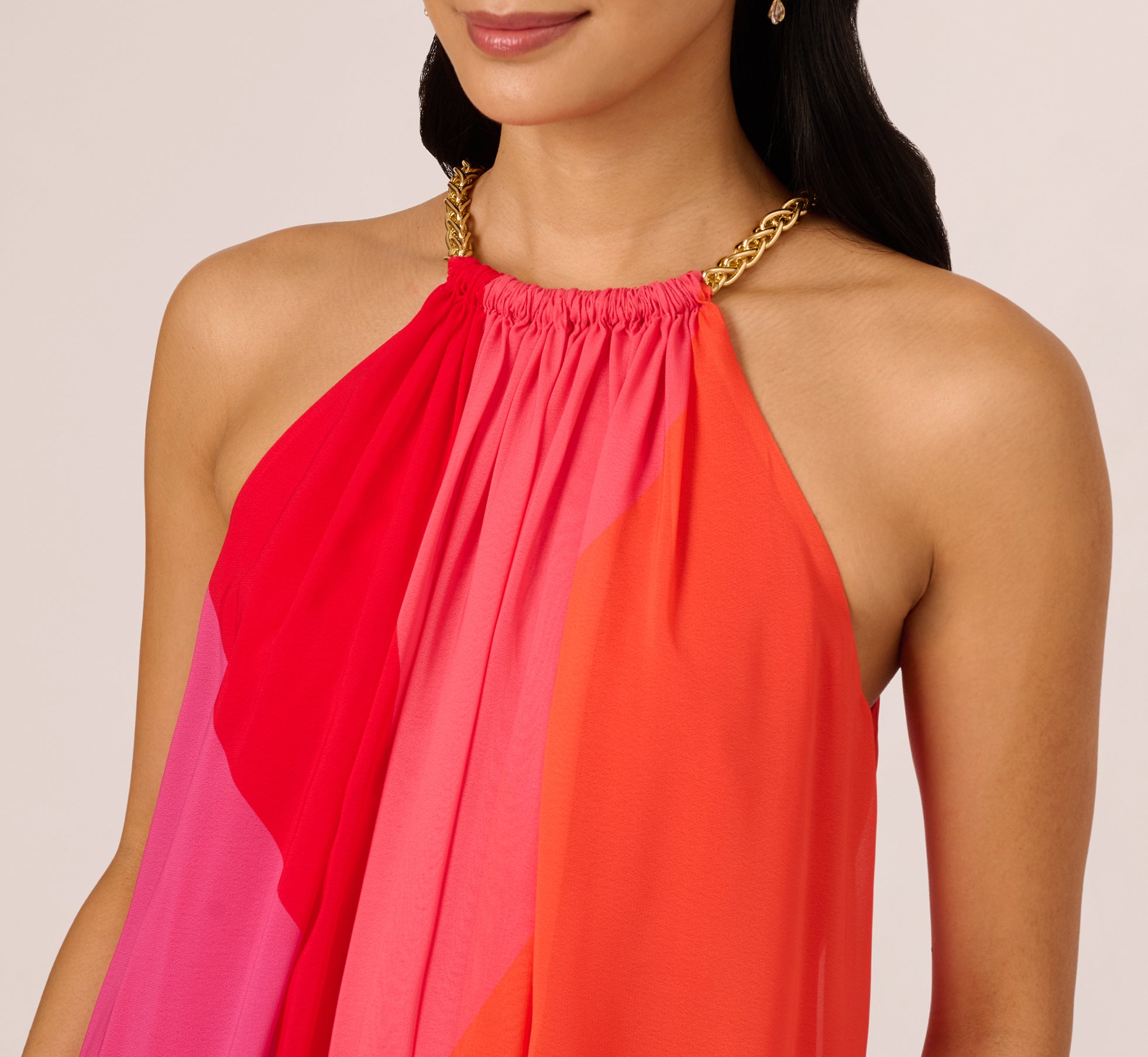 RED Color Block Chiffon Trapeze Dress With Chain Halter Neckline - Adrianna  Papell