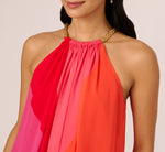 Color Block Chiffon Trapeze Dress With Chain Halter Neckline In Red Multi 4