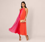 Color Block Chiffon Trapeze Dress With Chain Halter Neckline In Red Multi 2