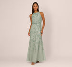 Sleeveless Blouson Mermaid Gown With Jasmine Beading In Aqua Dust 2