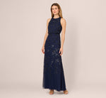 Sleeveless Blouson Mermaid Gown With Jasmine Beading In Light Navy 1