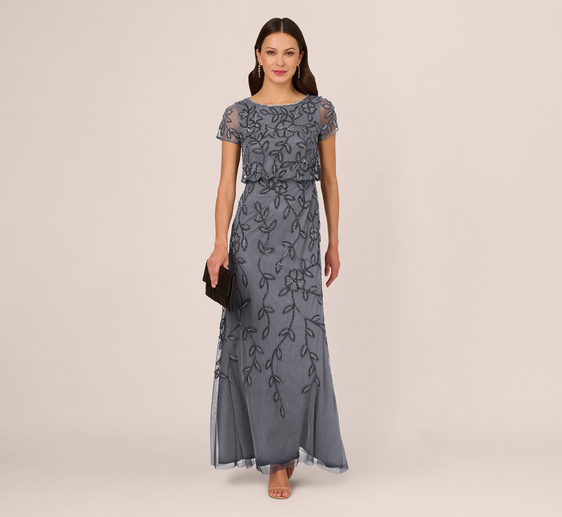 dusty blue engagement dress Jasmine Beaded Blouson Gown With Sheer Short Sleeves In Chantella Lace Cut Out SPRING15 length Back Details Size:L16.5 34