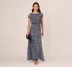 Jasmine Beaded Blouson Gown With Sheer Short Sleeves In Dusty Blue 7
