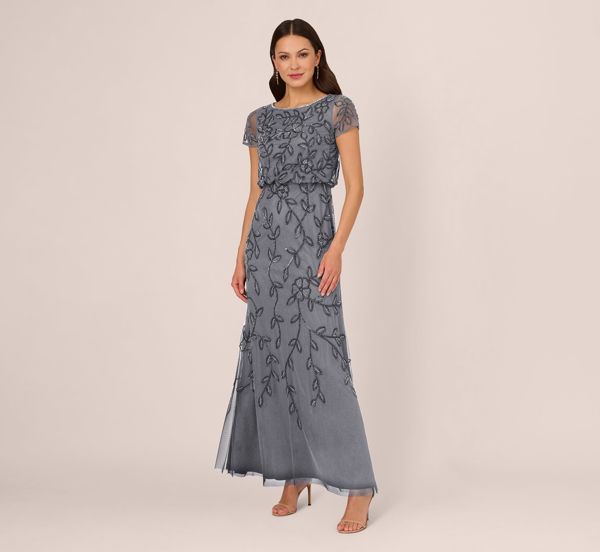 Jasmine Beaded Blouson Gown With Sheer Short Sleeves In Dusty Blue Jasmine Beaded Blouson Gown With Sheer Short Sleeves In Dusty Blue
