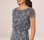 Jasmine Beaded Blouson Gown With Sheer Short Sleeves In Dusty Blue 3