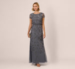 Jasmine Beaded Blouson Gown With Sheer Short Sleeves In Dusty Blue 1