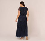 Plus Size Jasmine Beaded Blouson Gown With Sheer Short Sleeves In Navy Black 5