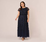 Plus Size Jasmine Beaded Blouson Gown With Sheer Short Sleeves In Navy Black 2