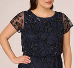 Plus Size Jasmine Beaded Blouson Gown With Sheer Short Sleeves In Navy Black 3