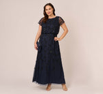 Plus Size Jasmine Beaded Blouson Gown With Sheer Short Sleeves In Navy Black 1