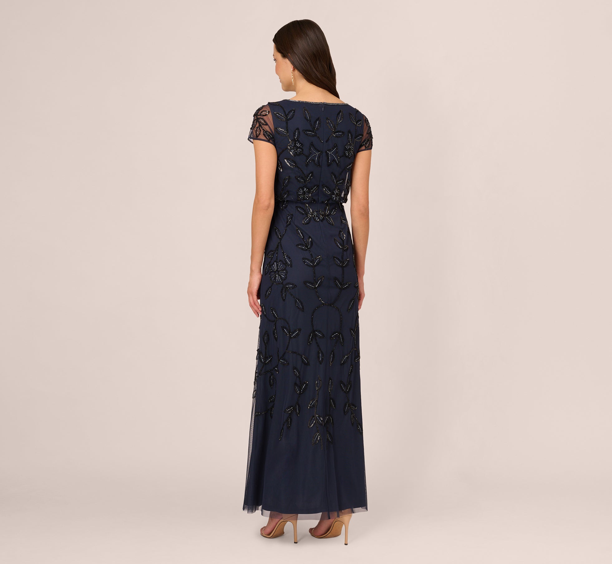 Adrianna Papell Jasmine Beaded Blouson Gown With Sheer Short Sleeves