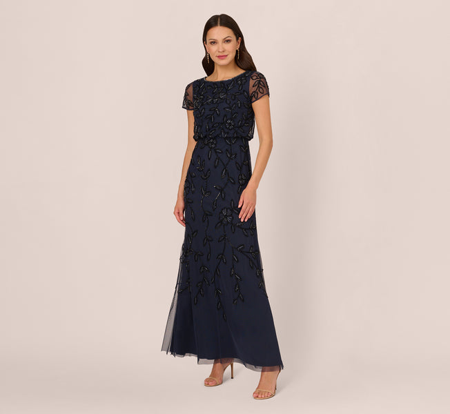 beaded chiffon blouson dress in mist by adrianna papell Elegant Square Neckline High-Low Skirt Beaded Lace Sequin Appliques Wedding Dress Ivory / XL main image 1